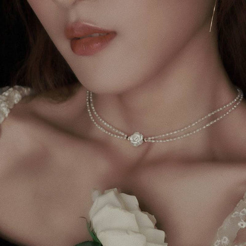 Rose Carvered Mother of Pearls Shell Layered Pearls Necklace and Bracelet (Purchase Individually) - Zafari Studio Jewelry